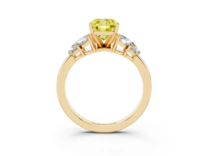 Fancy Yellow Cushion Cut Diamond Cluster Leaf Design Ring Set in Yellow gold with Prong Setting