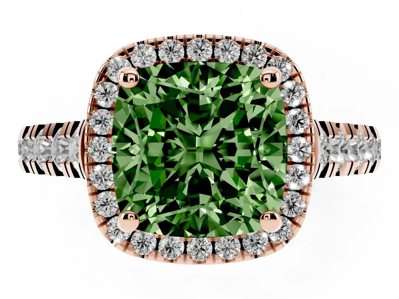 Cushion Cut Accented Halo Engagement Ring Setting for a Fancy Green Lab-Grown Diamond | Rose Gold
