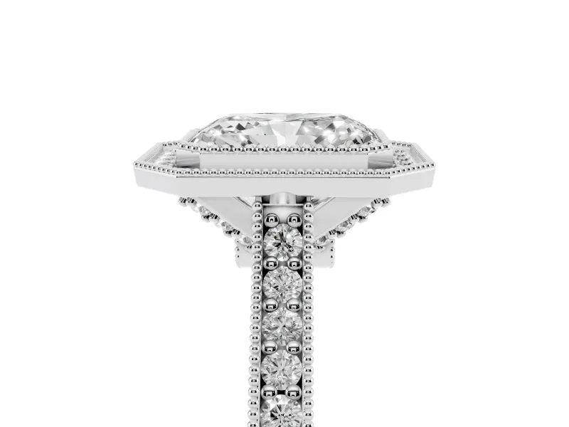 Radiant Cut Vintage Milgrain Halo Engagement Ring Setting | Bezel Head | Sterling Silver