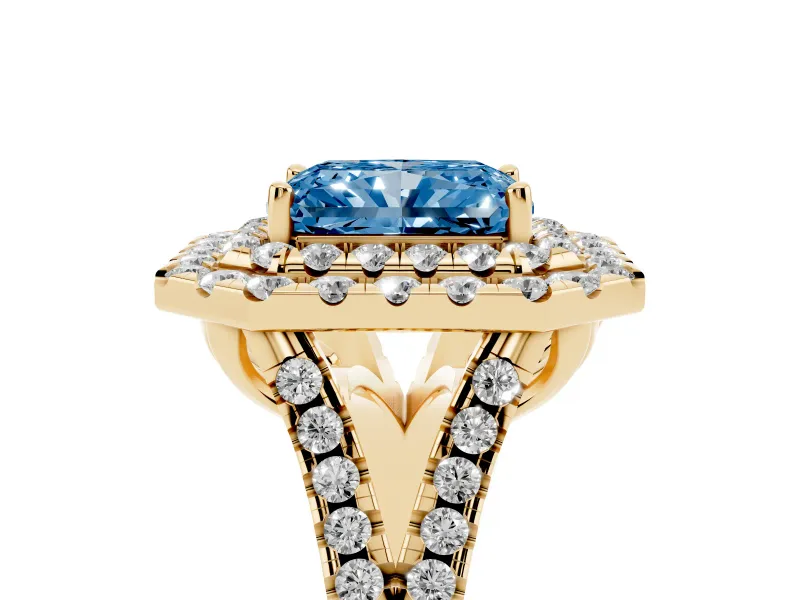 Radiant Cut Halo Split Shank Engagement Ring Setting for a Fancy Blue Lab-Grown Diamond | Pavé Strands | Yellow Gold