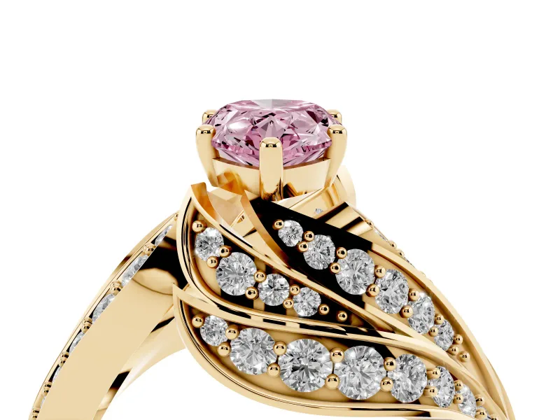 Fancy Pink Pear Cut Diamond Solitaire Ring Set in Yellow gold with Layered Twist Pavé Band