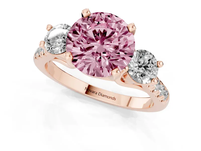 Round Three-Stone Engagement Ring Setting for a Fancy Pink Lab-Grown Diamond | Rose Gold