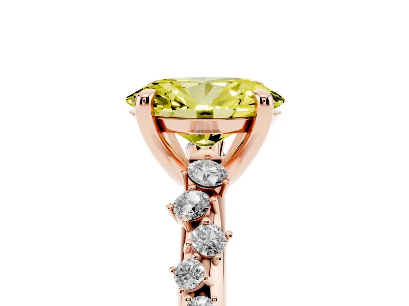 Fancy Yellow Oval Cut Diamond Solitaire Vine Band Ring Set in Rose gold with Round Accents and Prong Setting