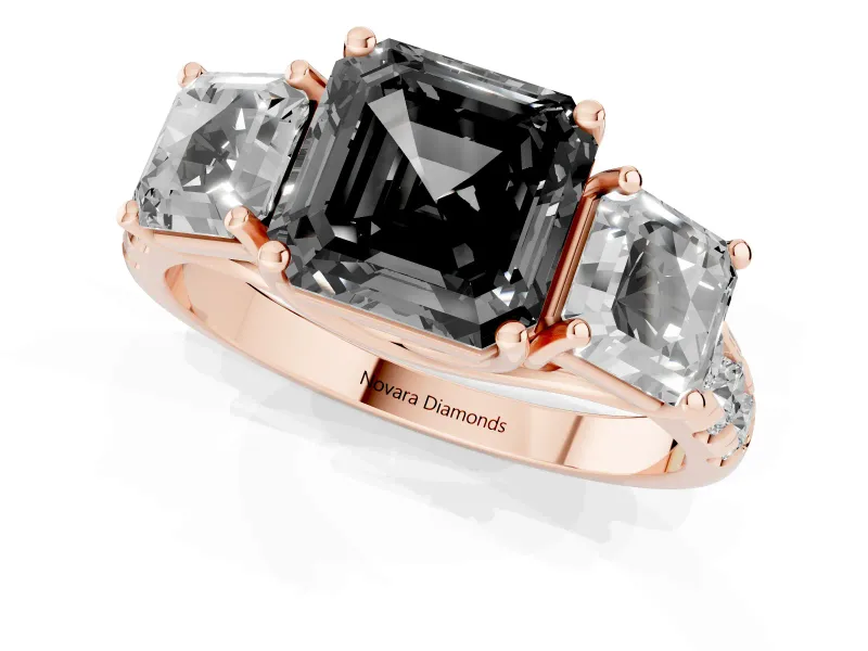 Asscher Cut Three Stone Engagement Ring Setting for a Black Center | Accented Shoulders | Rose Gold