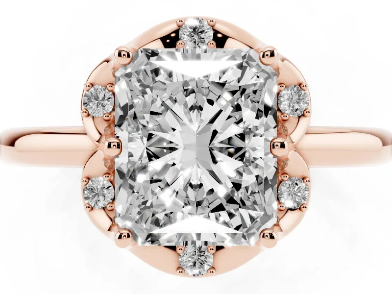 Radiant Cut Scalloped Petal Halo Engagement Ring Setting | Plain Band | Rose Gold