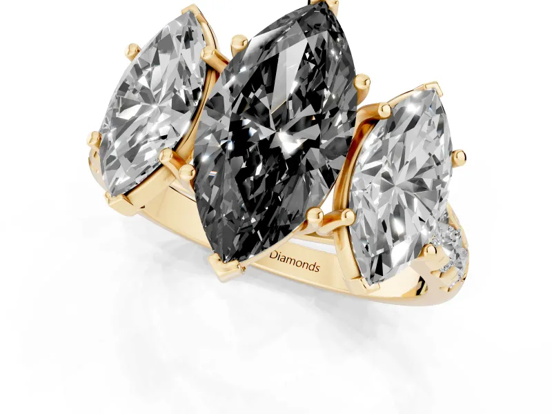 Marquise Three Stone Engagement Ring Setting for a Black Center | Accented Shoulders | Yellow Gold