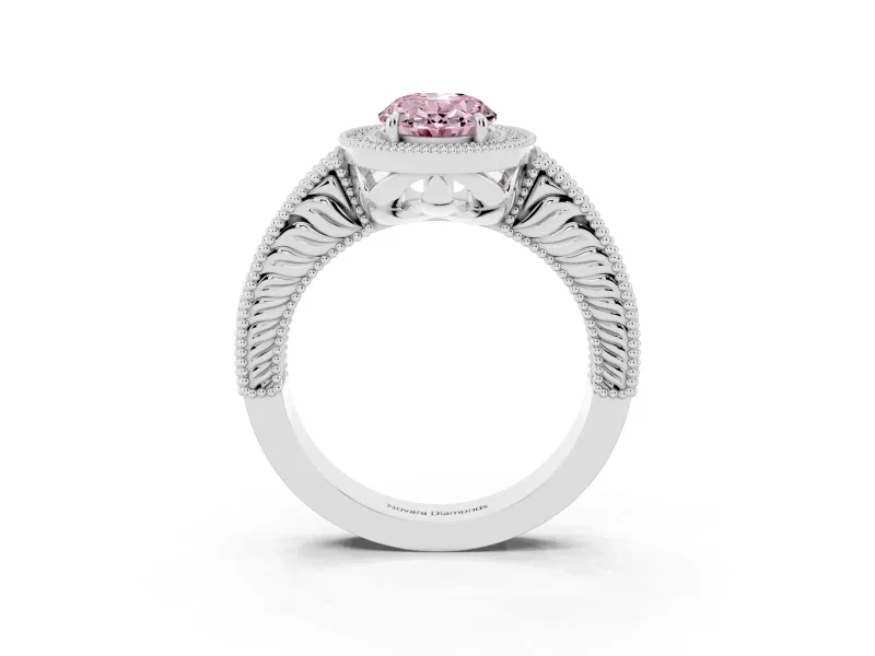 Fancy Pink Oval Cut Diamond Halo Ring Set in Platinum with Round Accent Halo, Pavé Band and Prong Setting