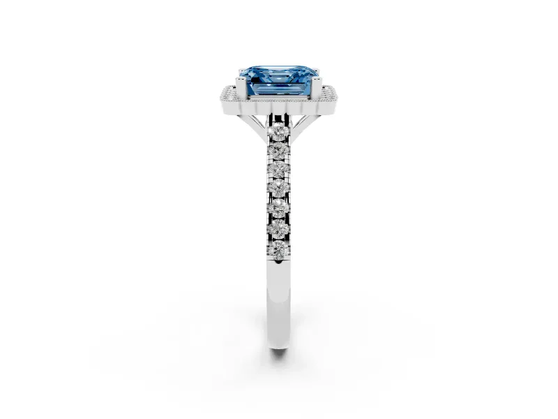 Fancy Blue Asscher Cut Diamond Milgrain Floral Halo Engagement Ring Set in Silver with Pavé Band