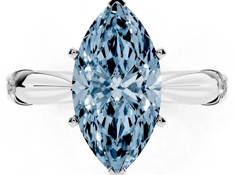 Fancy Blue Marquise Cut Diamond Solitaire Twisted Band Ring Set in White gold with Accent Stones and Prong Setting