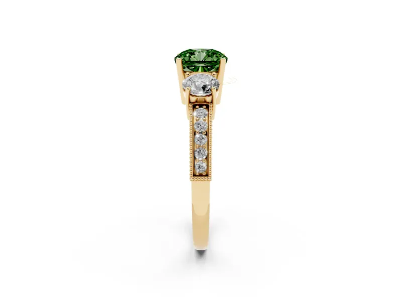 Cushion Cut Three Stone Engagement Ring Setting for a Fancy Green Lab-Grown Diamond | Graduated Pave Band | Yellow Gold