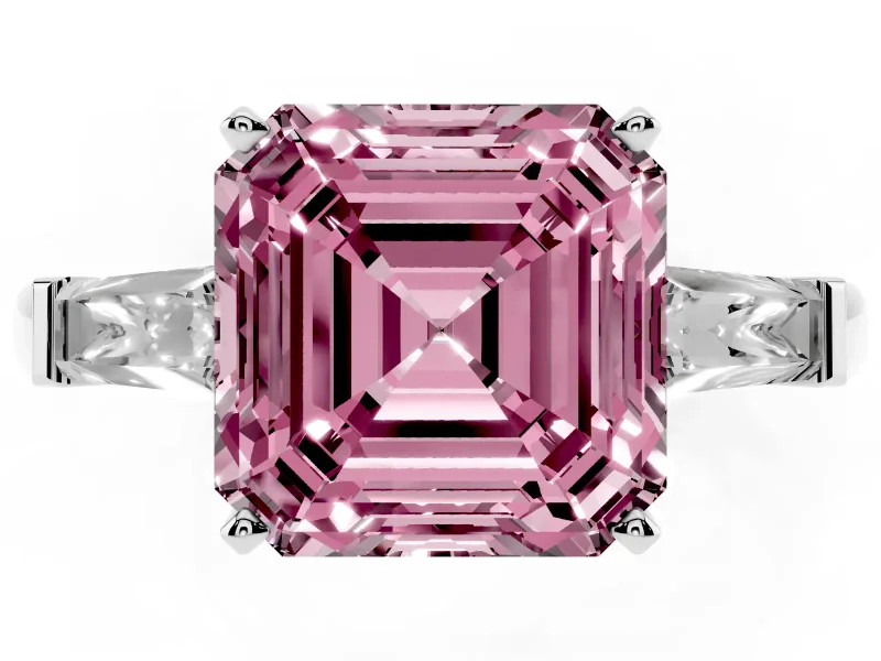 Fancy Pink Asscher Cut Diamond Solitaire Ring Set in Platinum with Tapered Baguette Side Stones and Prong Setting