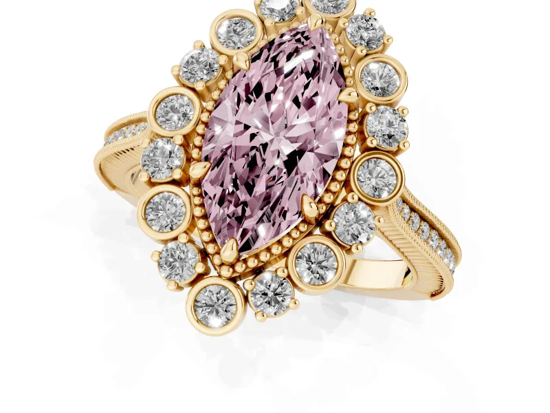 Marquise Scalloped Halo Engagement Ring Setting for a Fancy Pink Lab-Grown Diamond | Milgrain Edges | Yellow Gold