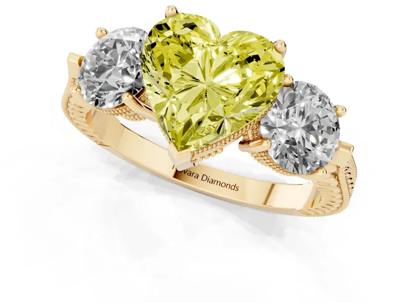 Fancy Yellow Heart Cut Diamond Three-Stone Ring Set in Yellow gold with Milgrain Band
