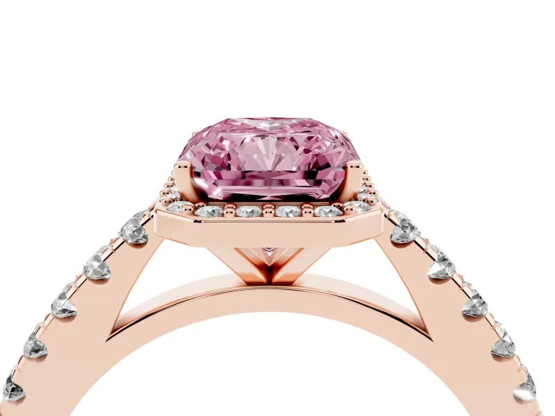 Radiant Cut Halo Pavé Engagement Ring Setting for a Fancy Pink Lab-Grown Diamond | Rose Gold