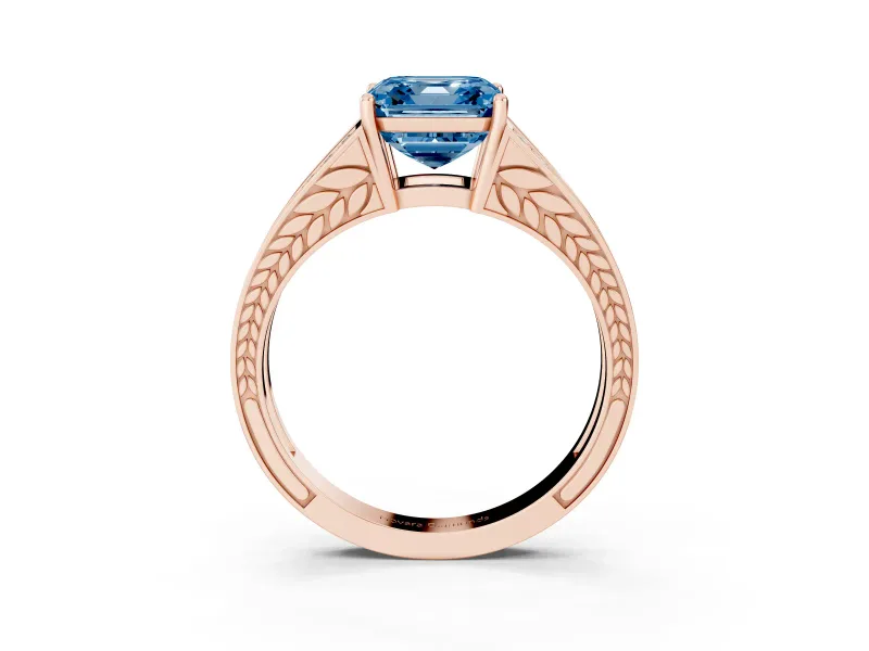 Fancy Blue Asscher Cut Diamond Split Shank Ring Set in Rose gold with Pavé Band and Prong Setting