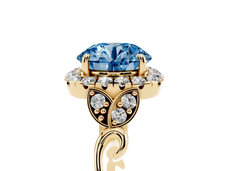 Round Halo Engagement Ring Setting for a Fancy Blue Lab-Grown Diamond | Leaf Shoulders | Yellow Gold