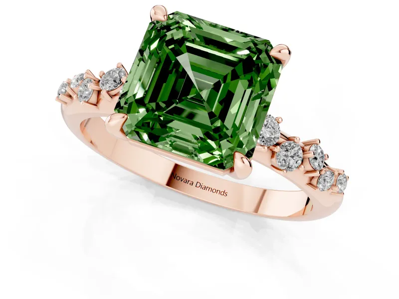 Asscher Cut Graduated Accent Engagement Ring Setting for a Fancy Green Lab-Grown Diamond | Rose Gold