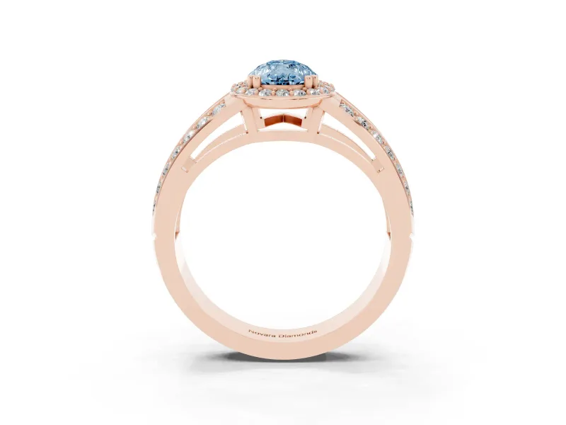 Pear-Shaped Halo Engagement Ring Setting for a Fancy Blue Lab-Grown Diamond | Two-Row Pave Split Shank | Rose Gold