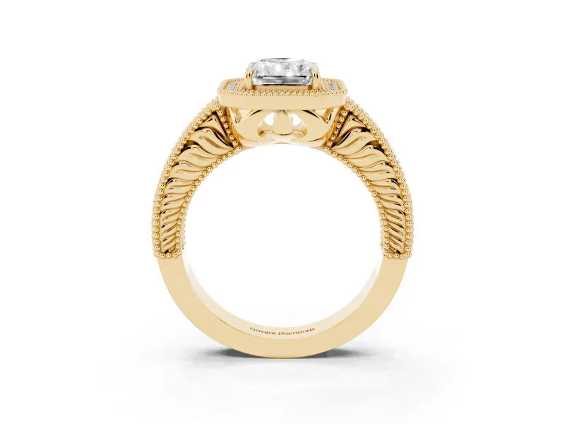 Radiant Cut Diamond Halo Ring Set in Yellow gold with Round Accent Halo, Pavé Band and Prong Setting