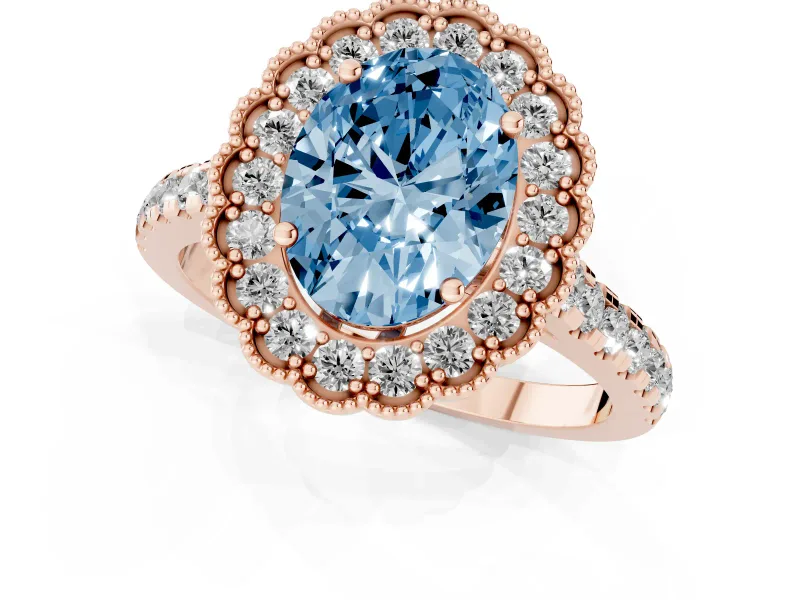 Fancy Blue Oval Cut Diamond Milgrain Floral Halo Engagement Ring Set in Rose gold with Pavé Band