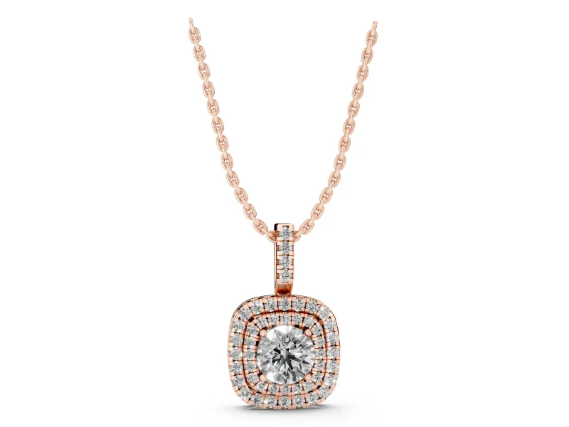 Round Lab-Grown Diamond Cushion Double Halo Pendant Necklace | Pavé Bail | Rose Gold