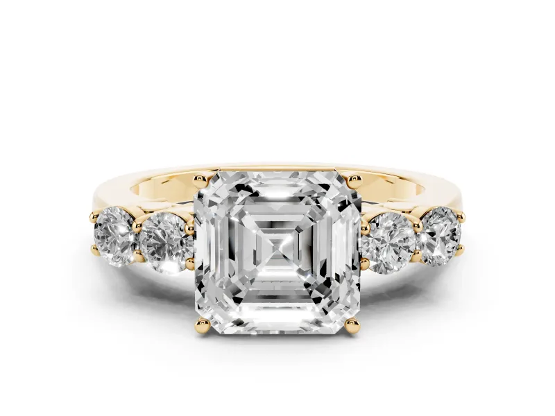 Asscher Cut Diamond Five-Stone Prong Set Band Ring Set in Yellow gold with Polished Band