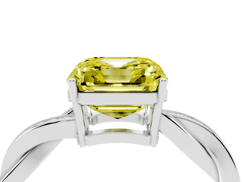 Fancy Yellow Asscher Cut Diamond Solitaire Twisted Pavé Ring Set in Silver with Prong Setting