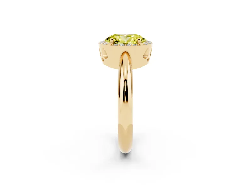 Fancy Yellow Oval Cut Diamond Halo Engagement Ring Set in Yellow gold with Plain Split Shank and Prong Setting