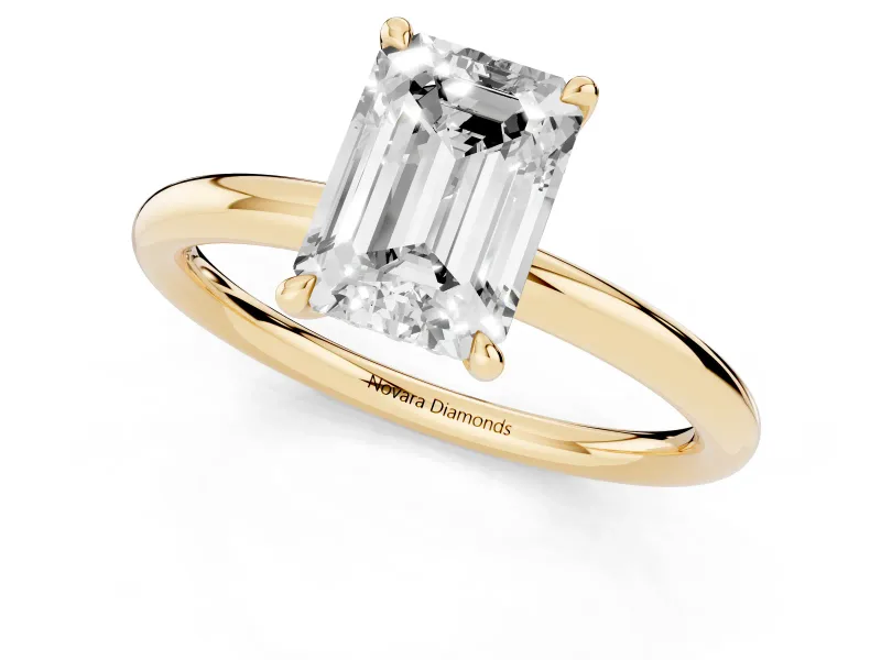 Emerald Cut Hidden Halo Engagement Ring Setting | Thin Plain Band | Yellow Gold