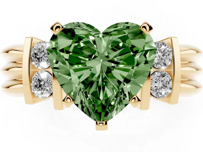 Fancy Green Three-Stone Heart Cut Diamond Channel Set Ring Set in Yellow gold with Bar Prongs