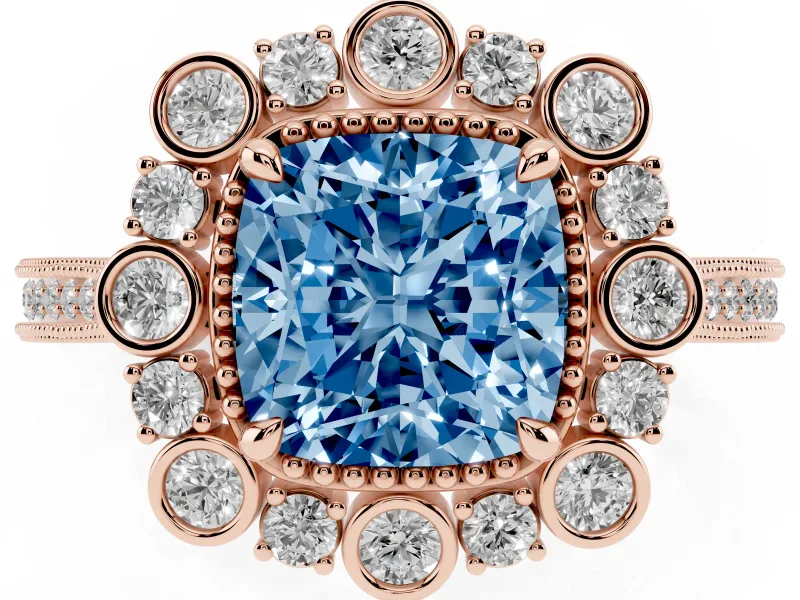 Cushion Cut Scalloped Halo Engagement Ring Setting for a Fancy Blue Lab-Grown Diamond | Milgrain Edges | Rose Gold