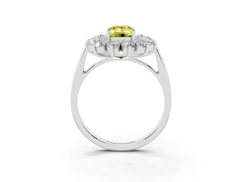 Emerald Cut Floral Halo Engagement Ring Setting for a Fancy Yellow Lab-Grown Diamond | Plain Band | Sterling Silver