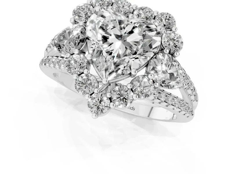 Heart Cut Diamond Halo Split Shank Engagement Ring Set in White gold with Prong-Held Center Stone