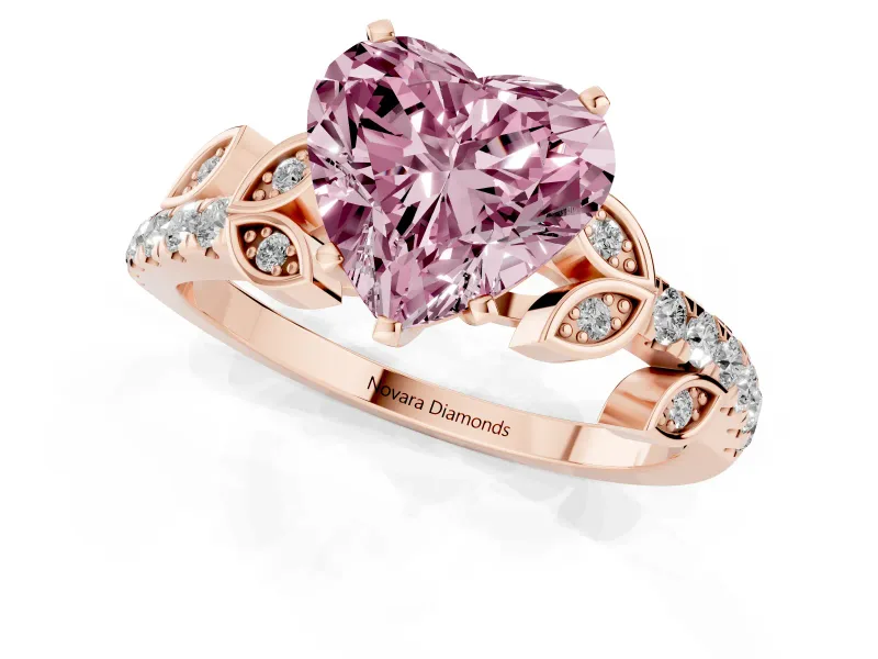 Fancy Pink Heart Cut Diamond Solitaire Leaf-Inspired Ring Set in Rose gold with Pavé Band and Prong Setting