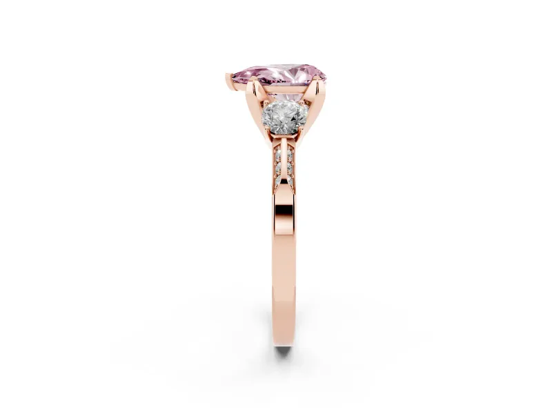 Pear-Shaped Hidden Halo Three Stone Engagement Ring Setting for a Fancy Pink Lab-Grown Diamond | Rose Gold