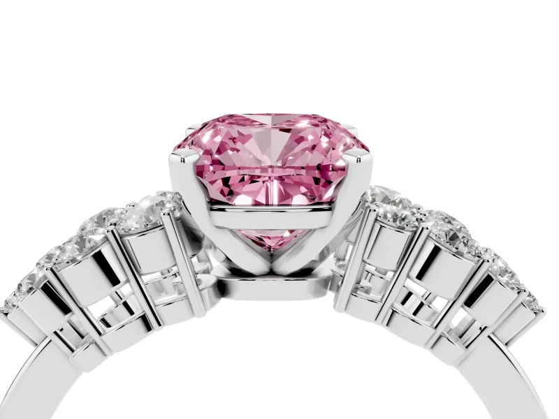 Fancy Pink Cushion Cut Diamond Cluster Engagement Ring Set in Platinum with Pavé Band and Prong Setting