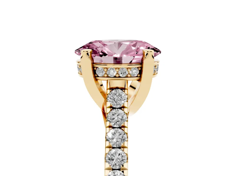 Oval Hidden Halo Pave Engagement Ring Setting for a Fancy Pink Lab-Grown Diamond | Claw Prongs | Yellow Gold