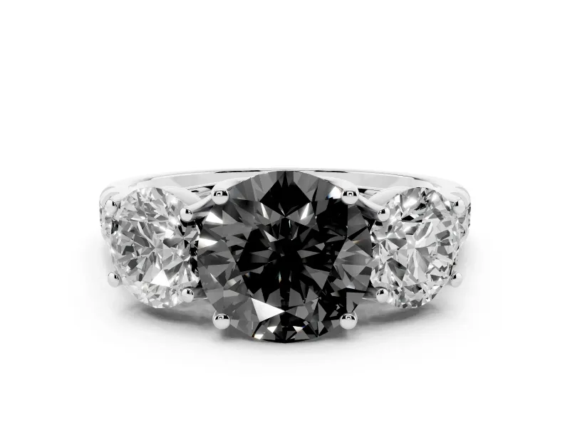 Fancy Black Round Cut Diamond Three-Stone Ring Set in Platinum with Pavé Band