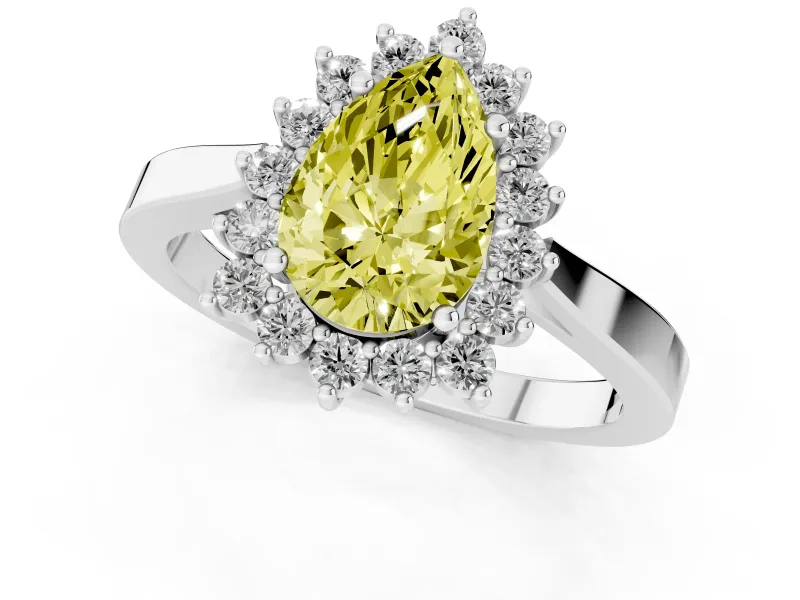 Fancy Yellow Pear Cut Diamond Halo Ring Set in White gold with Round Halo and Smooth Solitaire Band