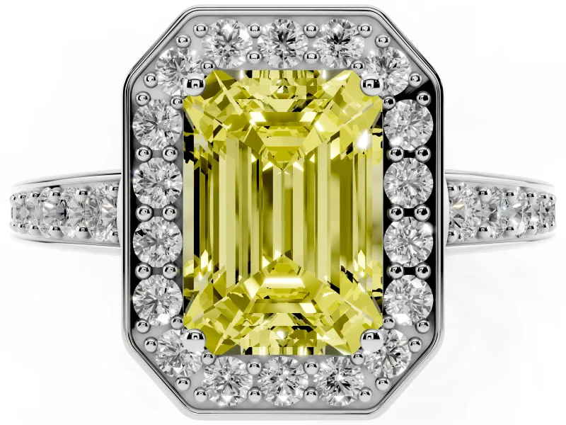 Fancy Yellow Emerald Cut Diamond Halo Pavé Engagement Ring Set in White gold with Bezel Setting