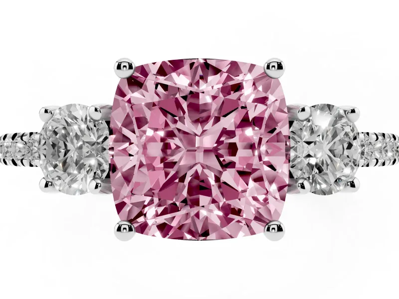 Cushion Cut Three Stone Engagement Ring Setting for a Fancy Pink Lab-Grown Diamond | Pave Shoulders | Sterling Silver