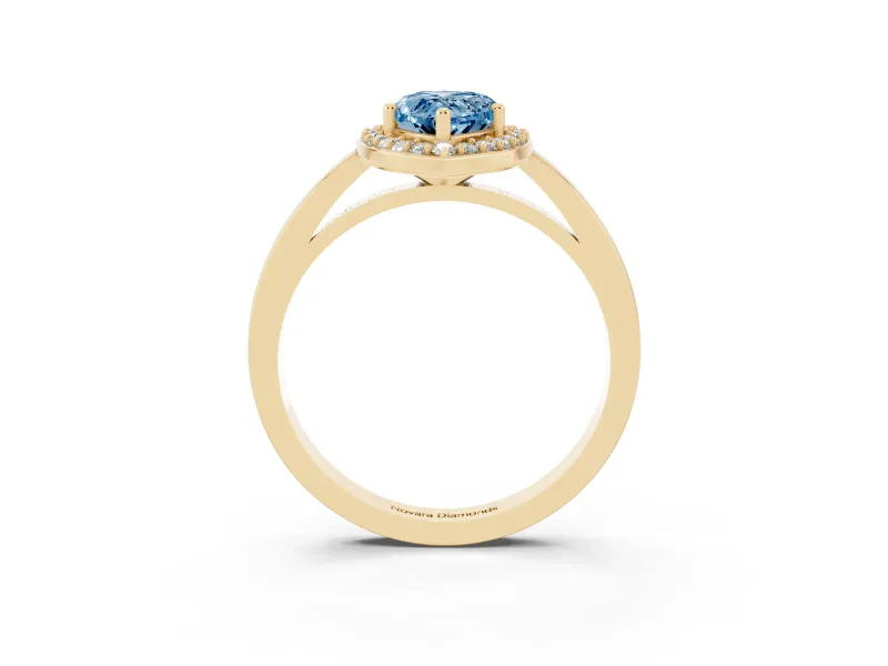 Fancy Blue Pear Cut Diamond Halo Ring Set in Yellow gold with Solitaire Band and Prong Setting