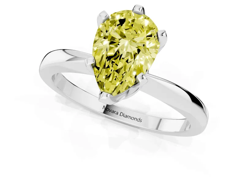 Fancy Yellow Pear Cut Diamond Solitaire Engagement Ring Set in Silver with Slim Tapered Solitaire Band