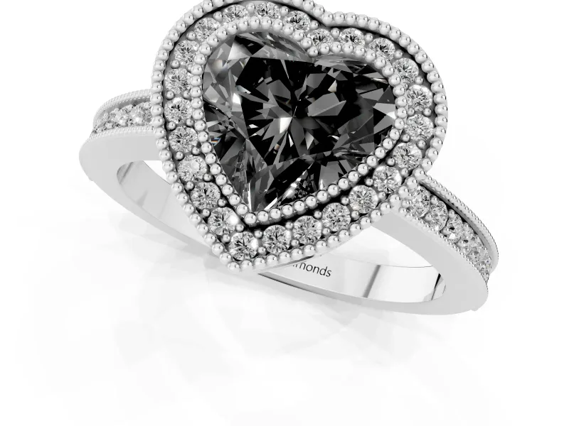 Fancy Black Heart Cut Diamond Round Halo Ring Set in Platinum with Pavé Band