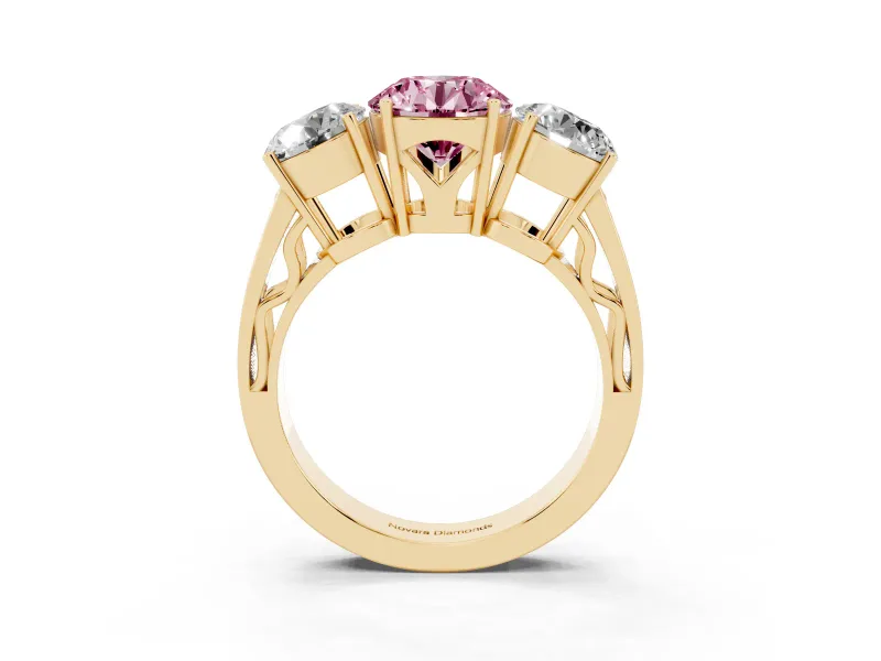 Round Engagement Ring Setting for a Fancy Pink Lab-Grown Diamond | Three Stone | Yellow Gold