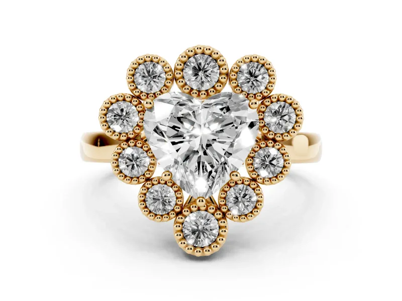 Heart Cut Diamond Cluster Halo Ring Set in Yellow gold with Milgrain Bezel Accents and Plain Band