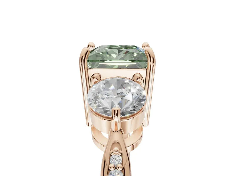 Princess Cut Three Stone Engagement Ring Setting for a Fancy Green Lab-Grown Diamond | Tapered Pave Band | Rose Gold