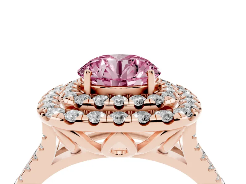 Round Halo Split Shank Engagement Ring Setting for a Fancy Pink Lab-Grown Diamond | Pavé Strands | Rose Gold