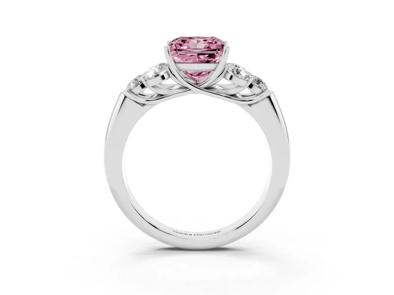 Fancy Pink Princess Cut Diamond Cluster Ring Set in Platinum with Round Accent Stones and Prong Setting on a Plain Band