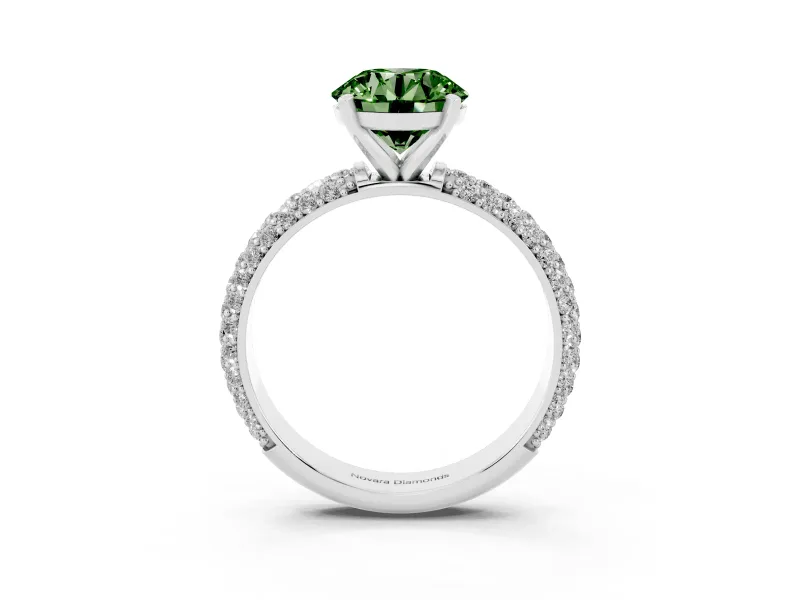 Fancy Green Round Cut Diamond Solitaire Ring Set in Platinum with Prong Setting and Pavé-Set Band